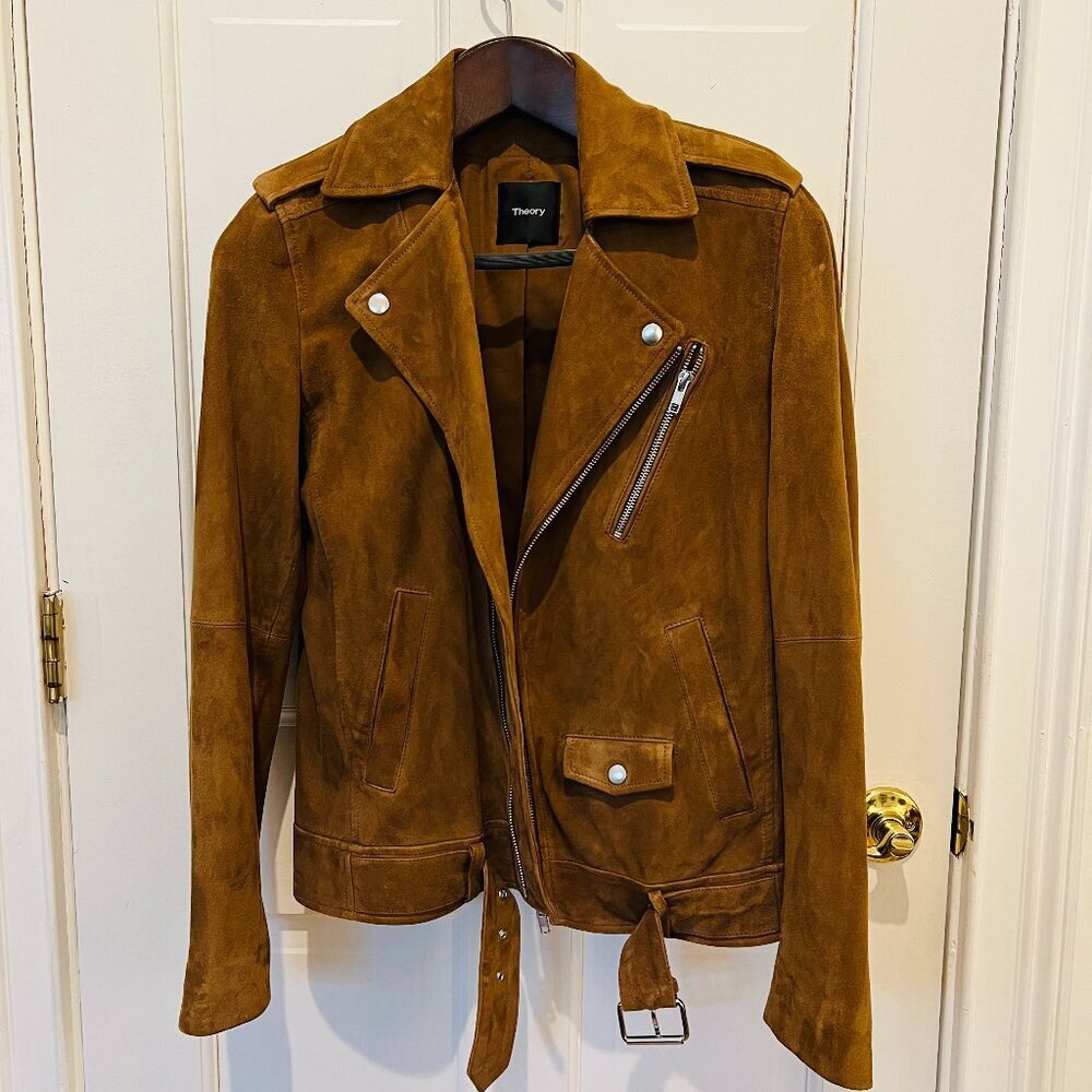 Theory Suede Goat Leather Womens Cognac Brown Tan Bike Jacket Coat Size Small - Picture 2 of 16